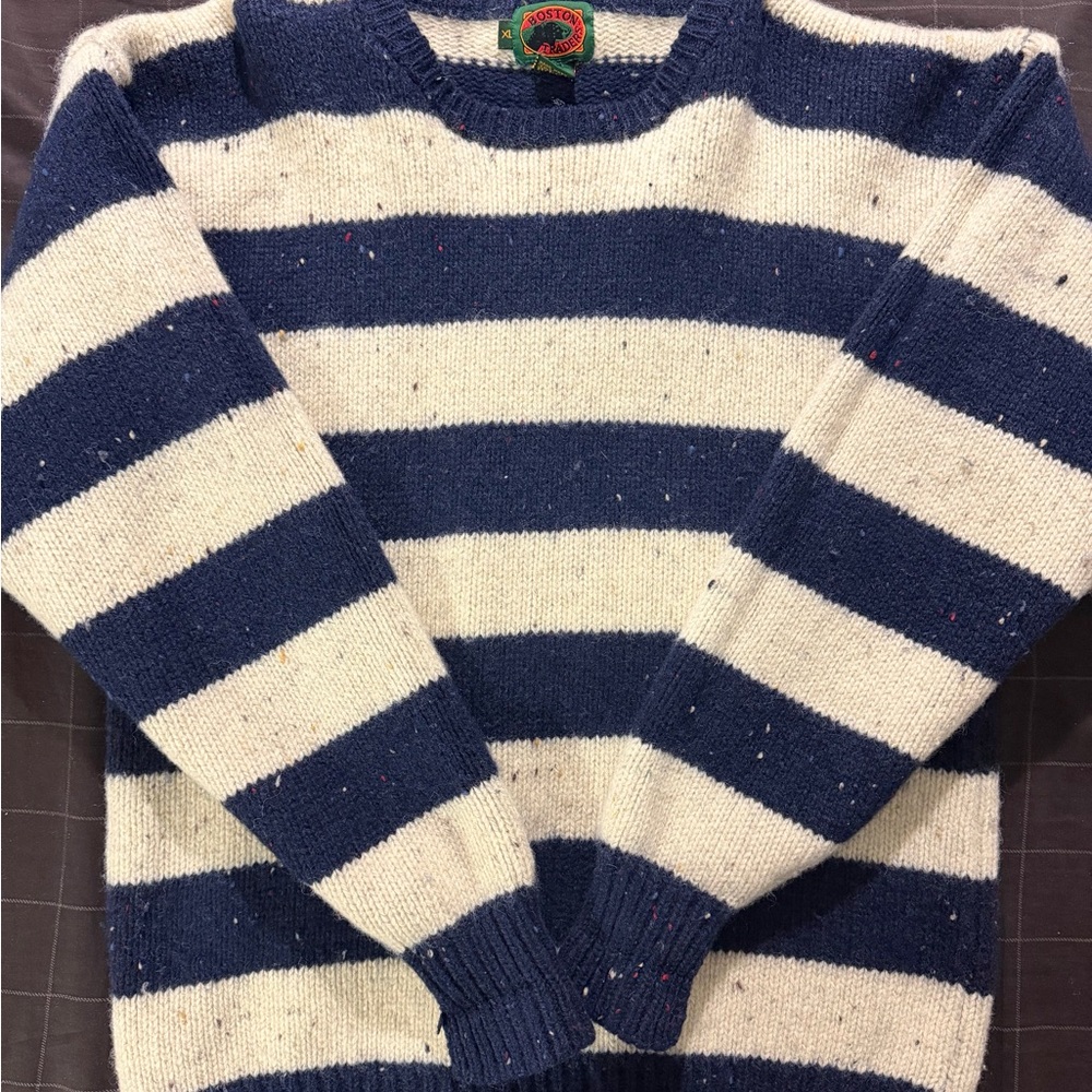Boston Traders Men's Navy and Cream Striped Crewneck Sweater